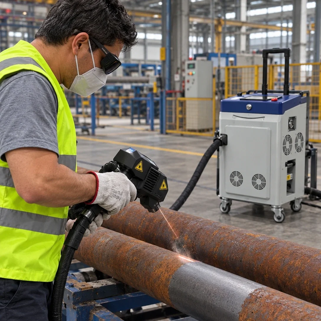 Limpieza láser industrial y eliminación de óxido en Barcelona Técnico realizando servicio de limpieza láser industrial para desoxidar metal en Barcelona - Laserklin