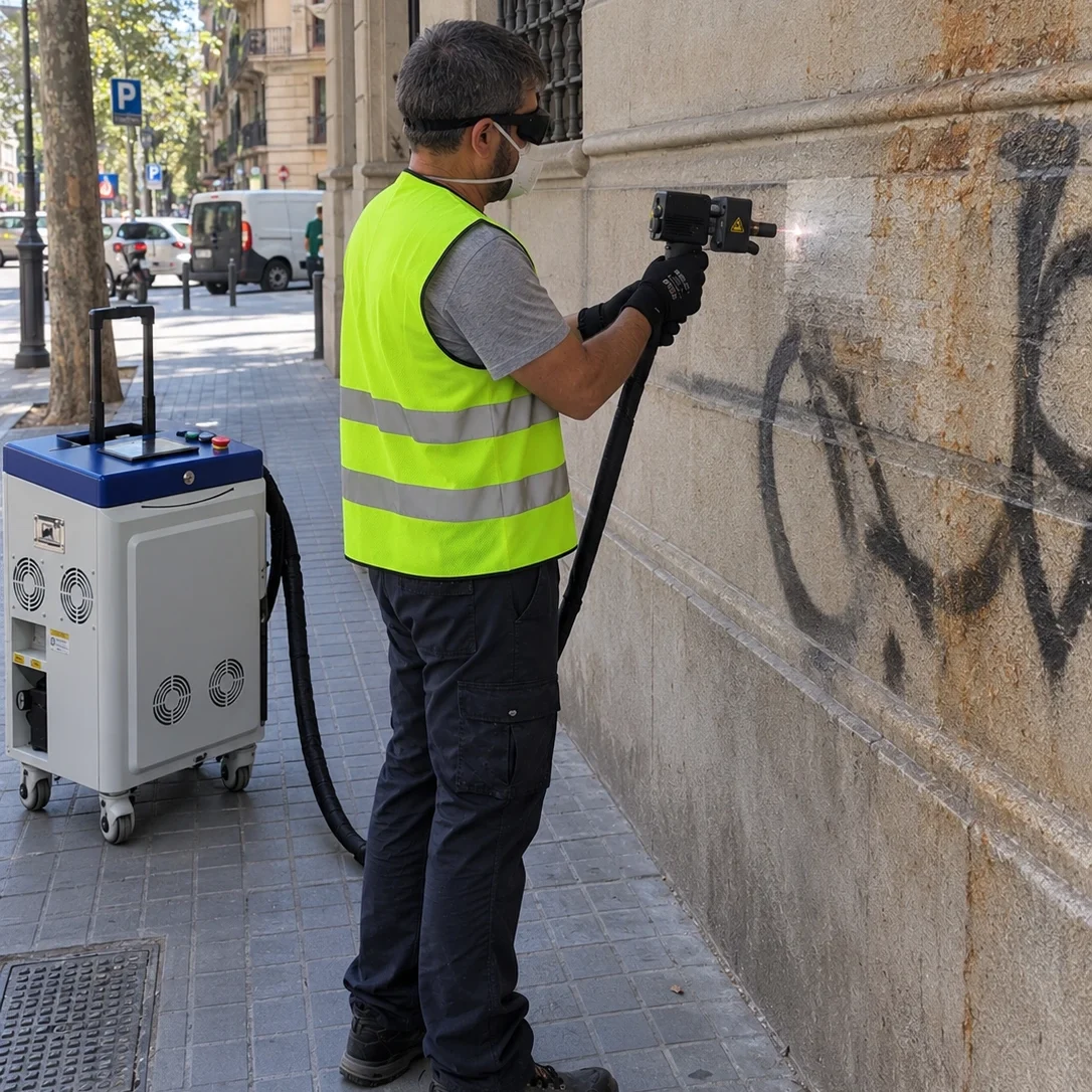 Eliminación de grafitis y pintura con láser en Barcelona Operador realizando eliminación de grafitis con limpieza láser en fachada de edificio en Barcelona - Laserklin