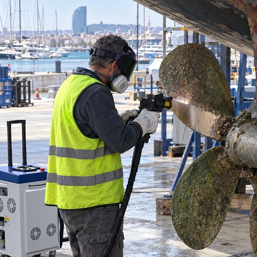 Limpieza láser para sector náutico y marítimo en Barcelona Limpieza láser de hélice de barco en puerto marítimo de Barcelona - Laserklin